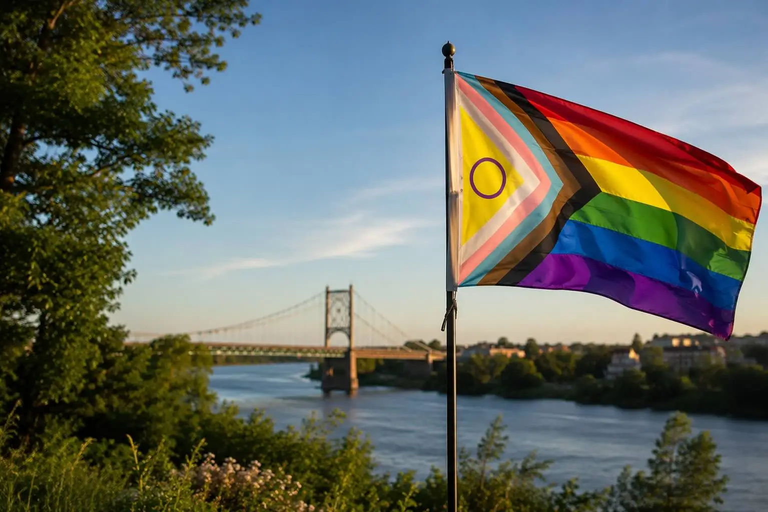 Le pont d'Ancenis sur la Loire avec un drapeau LGBTQIA+